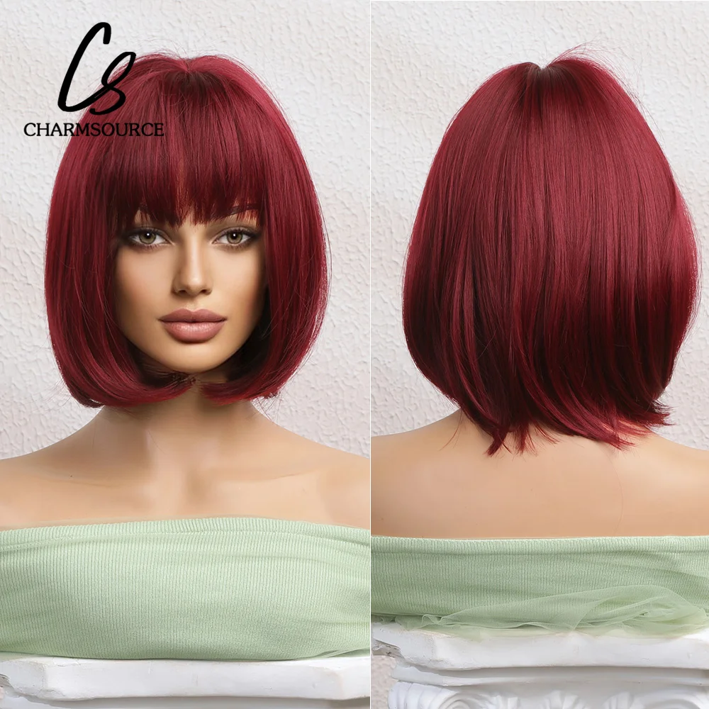 

CharmSource Red BOBO Wigs Short Natural Straight Hair Synthetic Wig For Women Halloween Party Daily High Density Heat Resistant