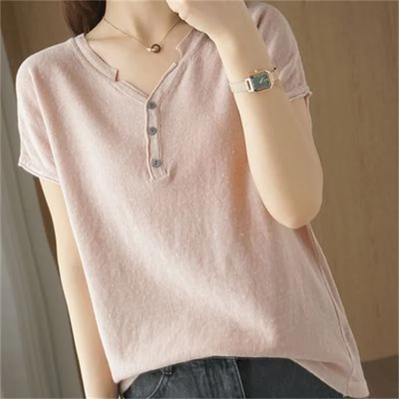 Summer 100% Cotton T-shirt Women Clothing Korean Style V-neck Short Sleeve T-shirts Woman Solid Casual Basic Shirt Lady Tops