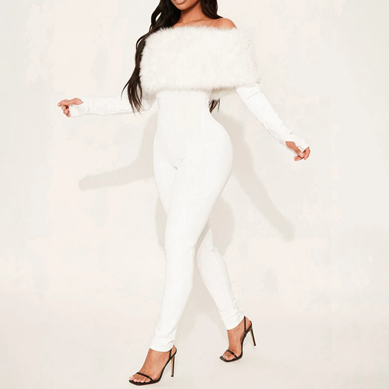 섹시한 오프숄더 타이트핏 긴팔 여성용 점프수트 퍼 느낌 하이웨이스트 솔리드 컬러 파티 점프수트