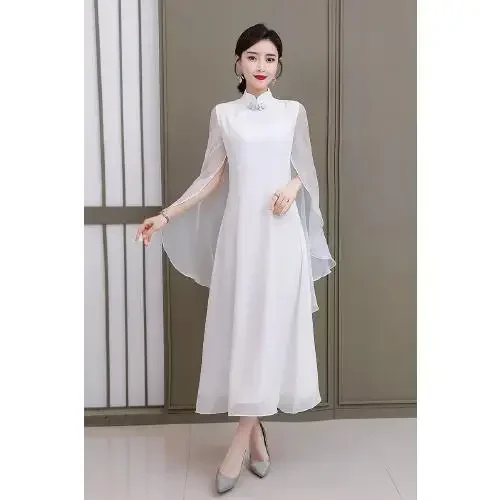 

2024 Chinese style women improved chiffon white shawl fairy temperament dress elegant vintage ao dai dress chiffon party qipao