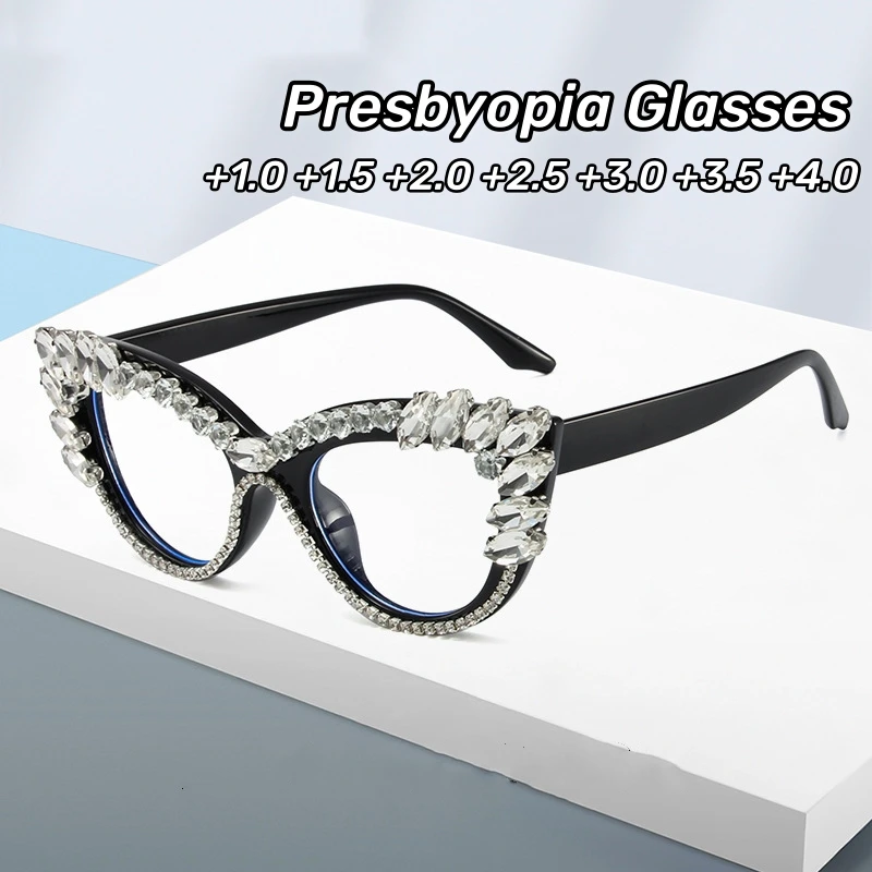 

2025 Trendy Diamond Inlaid Presbyopia Eyewear Personalized Cat Eye Reading Glasses Women Anti Blue Light Far Sight Glasses