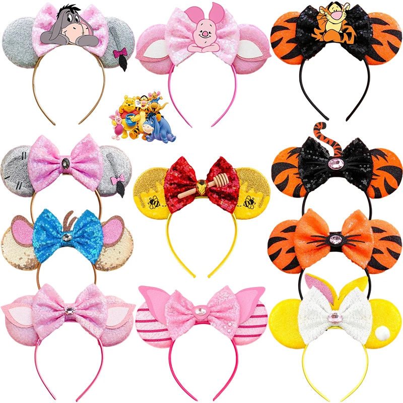 

Disney Bee Winnie the Pooh Bear Ears Headbands Girl Sequins Bow Piglet Tigger Hair Accessories For Women Roo Eeyore Hairband Kid