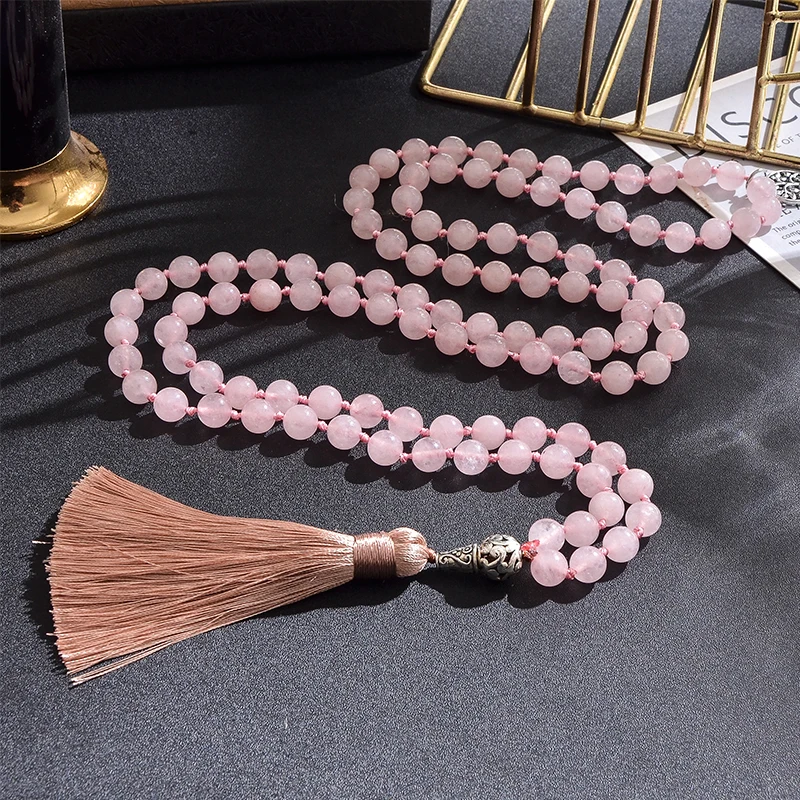 

8mm Rose Quartz 108 Mala Beads Necklace Meditation Yoga Prayer Jewelry Japamala Set for Women