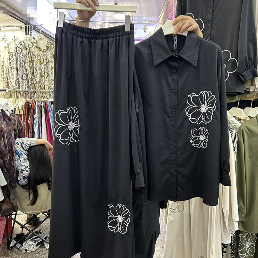 Camisa holgada de manga larga bordada de diseño europeo + falda con cintura elástica conjunto de dos piezas-GZTZ011