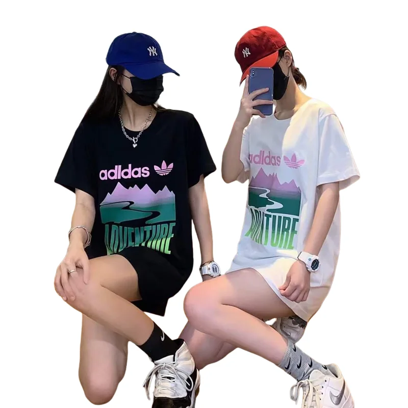 アディダス 212973   オディールアイス磁器コットンプリントラウンドネック半袖Tシャツ夏のカップル男性と女性(M-5XL)ブラックカラー