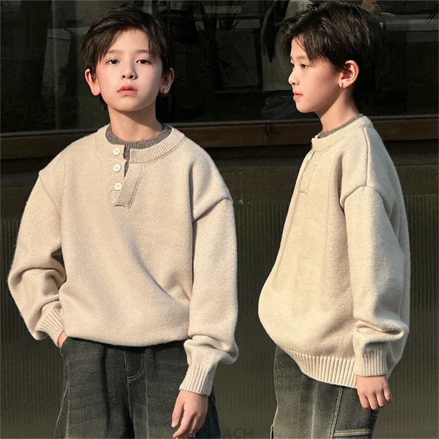 Child Minimalism Style V-Neck Sweater for Tween Boy Beige Grey Color Knitwear Korean Kids Spring Autumn Casual Knitted Clothing