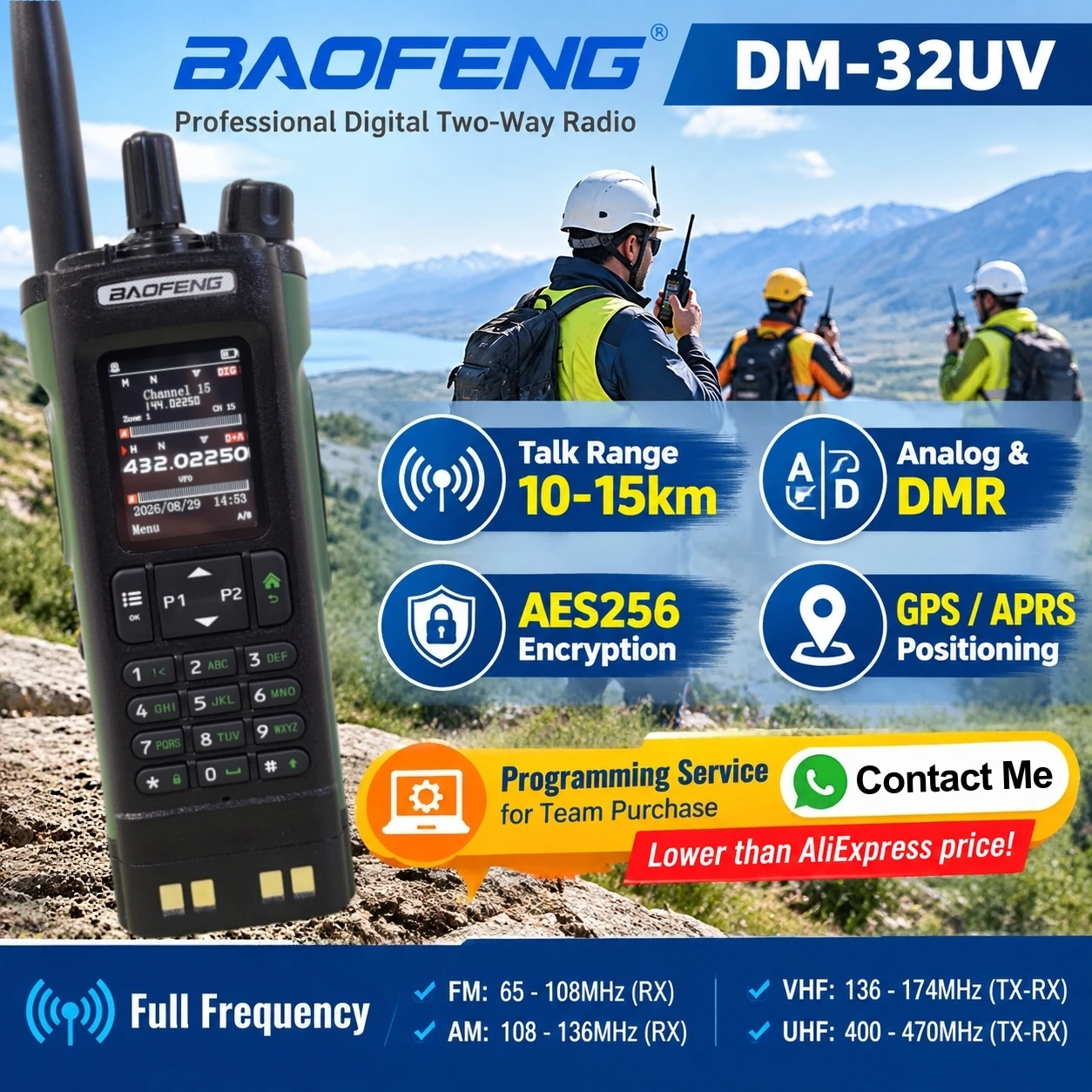 BAOFENG DM-32UV Professional DMR Two Way Radio VHF UHF Dual Band GPS APRS AES256 Secure Encryption Digital Analog Dual Slot