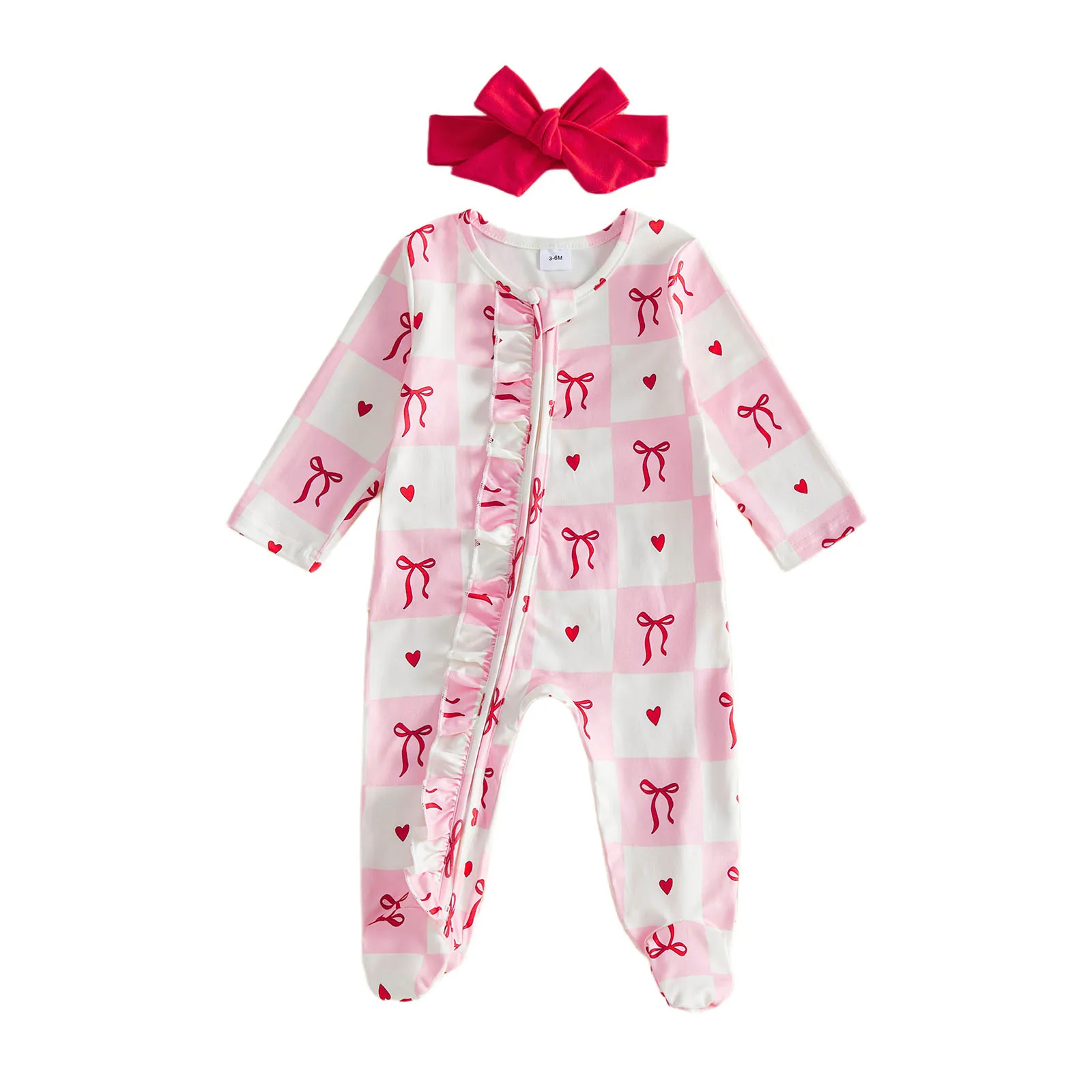 

Комбинезон для младенцев на День святого Валентина с принтом сердца, длинными рукавами, круглым вырезом и косой молнией для маленьких девочек