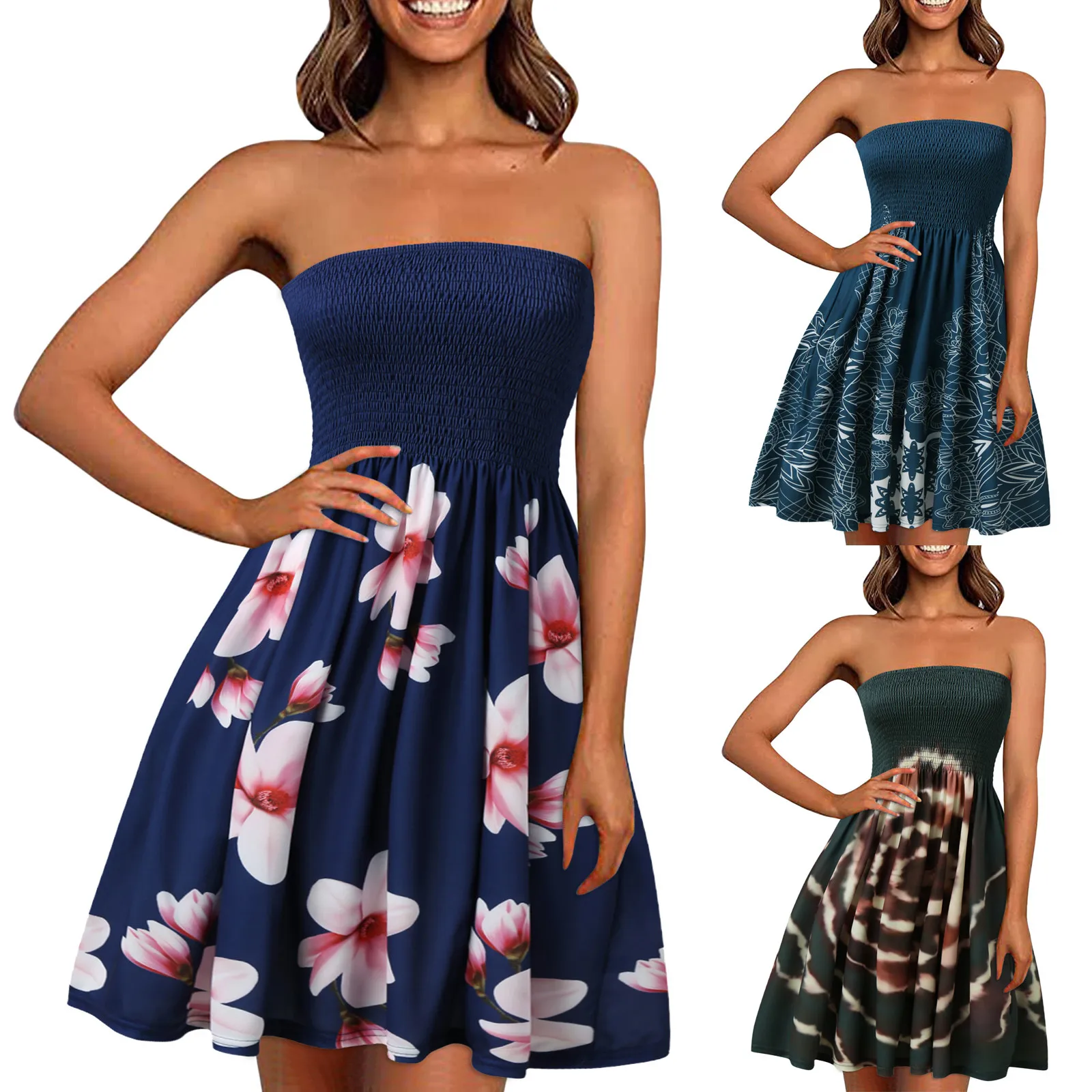 Letnie sukienki dla kobiet 2024 Plus Size okrycie plażowe Ups Sexy bez ramiączek topy typu tuba w stylu Boho w kwiaty nadruk Sundress Vestidos Mujer