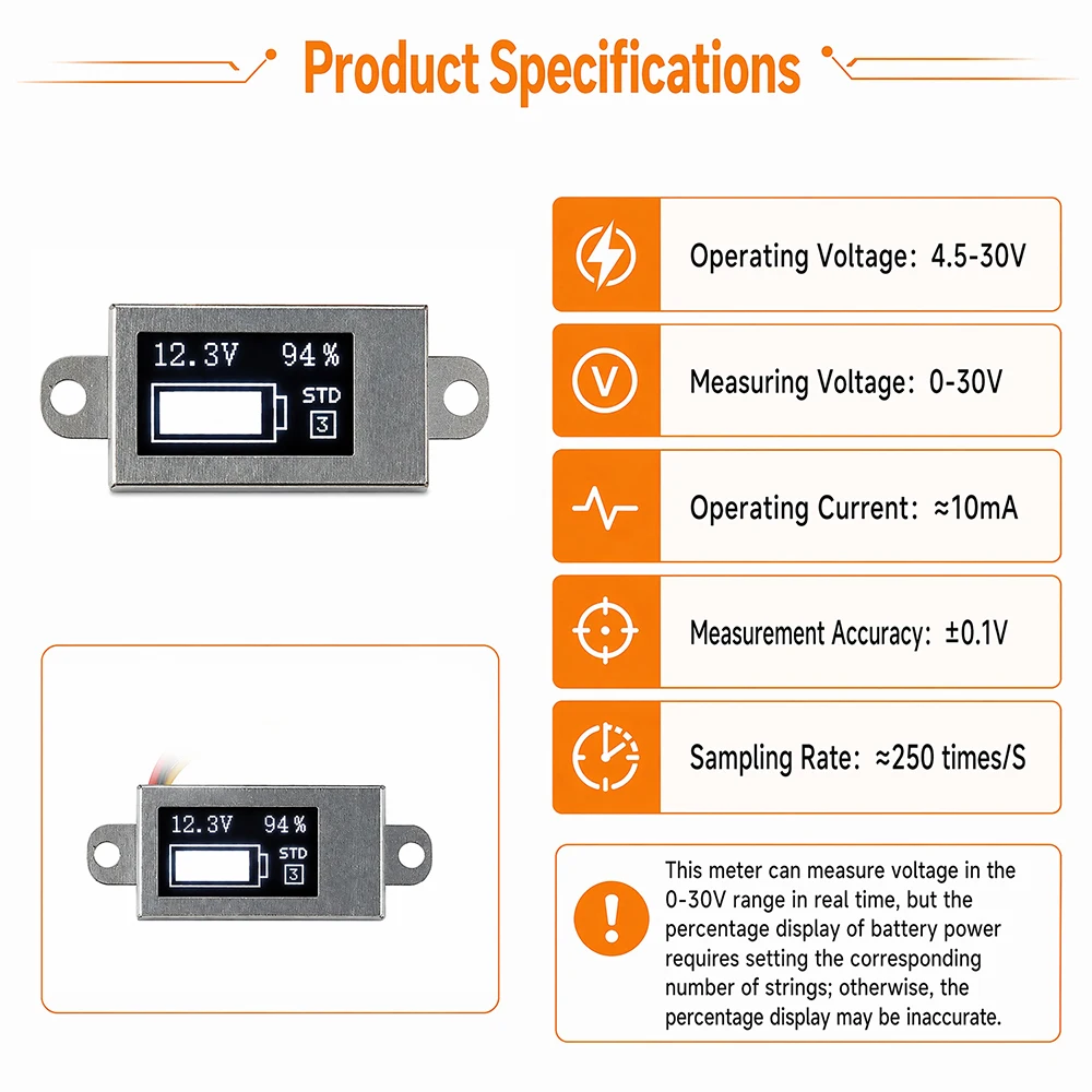 DC 0-30V Ultra-Thin Mini Digital Voltage & Battery Meter with 0.5-Inch OLED Display, Adjustable 1-6S, Percentage Battery Display