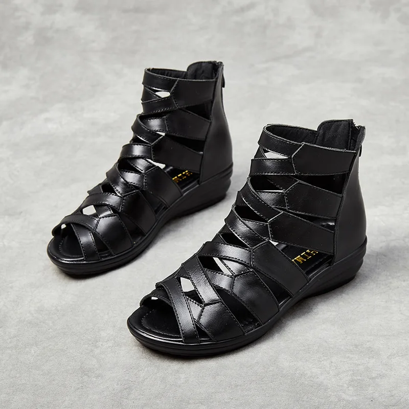 Summer Gladiator Sandals for Women Wedges Middle Heel Soft Pu Leather Casual Women Shoes Black Cross Belt Back Zipper Sandales