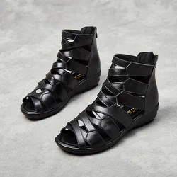 Summer Gladiator Sandals for Women Wedges Middle Heel Soft Pu Leather Casual Women Shoes Black Cross Belt Back Zipper Sandales
