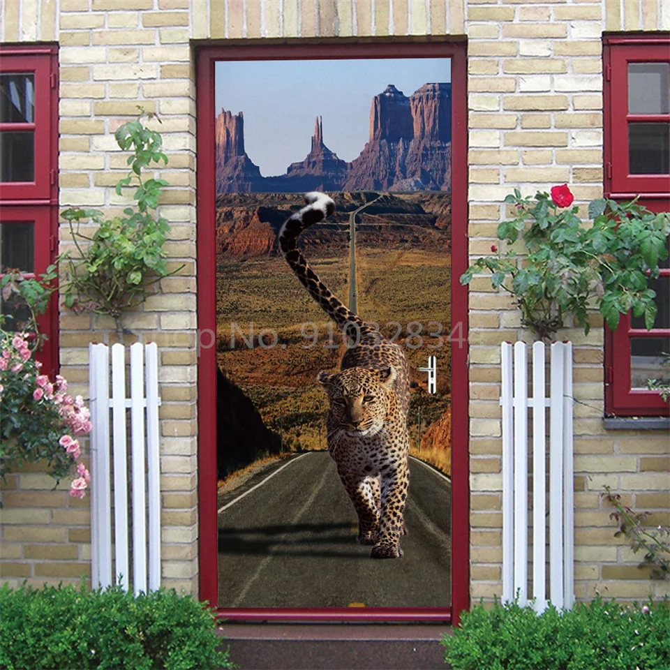 Tier-Türaufkleber Katze Tiger Hirsch Leopard Tapete Benutzerdefinierte Türen Poster Wandtattoo Selbstklebend 3D Heim-Design Dekor Türsticker – Detail 34
