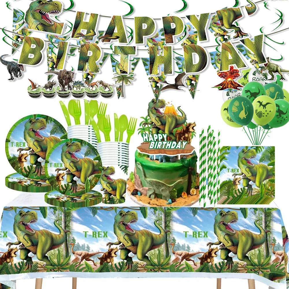 

Dinosaurs Birthday Party Decoration Disposable Tableware Set Plates Cups Banner Favor Jungle Safari for Boys Baby Shower Supplie