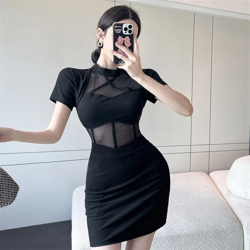 2024 New Women's Summer Hottie Sex Appeal Pure Desire Style Patchwork French Gauze Dirthday dress Slimming New Black Dress