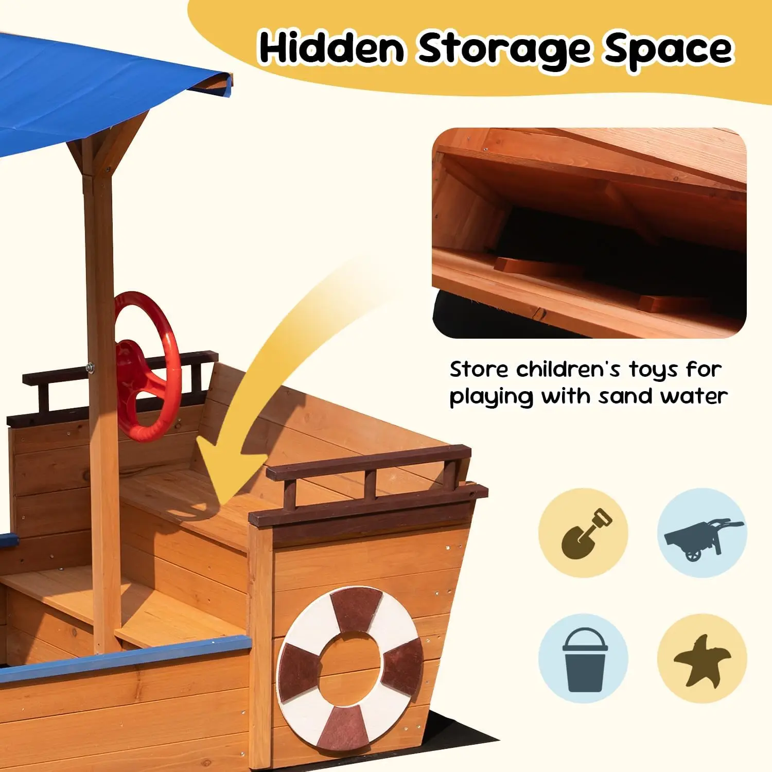 Arenero de Barco Pirata grande con cubierta, caja de arena de madera con dosel, timón, asiento y espacio de almacenamiento oculto, conjunto de juegos para patio trasero al aire libre
