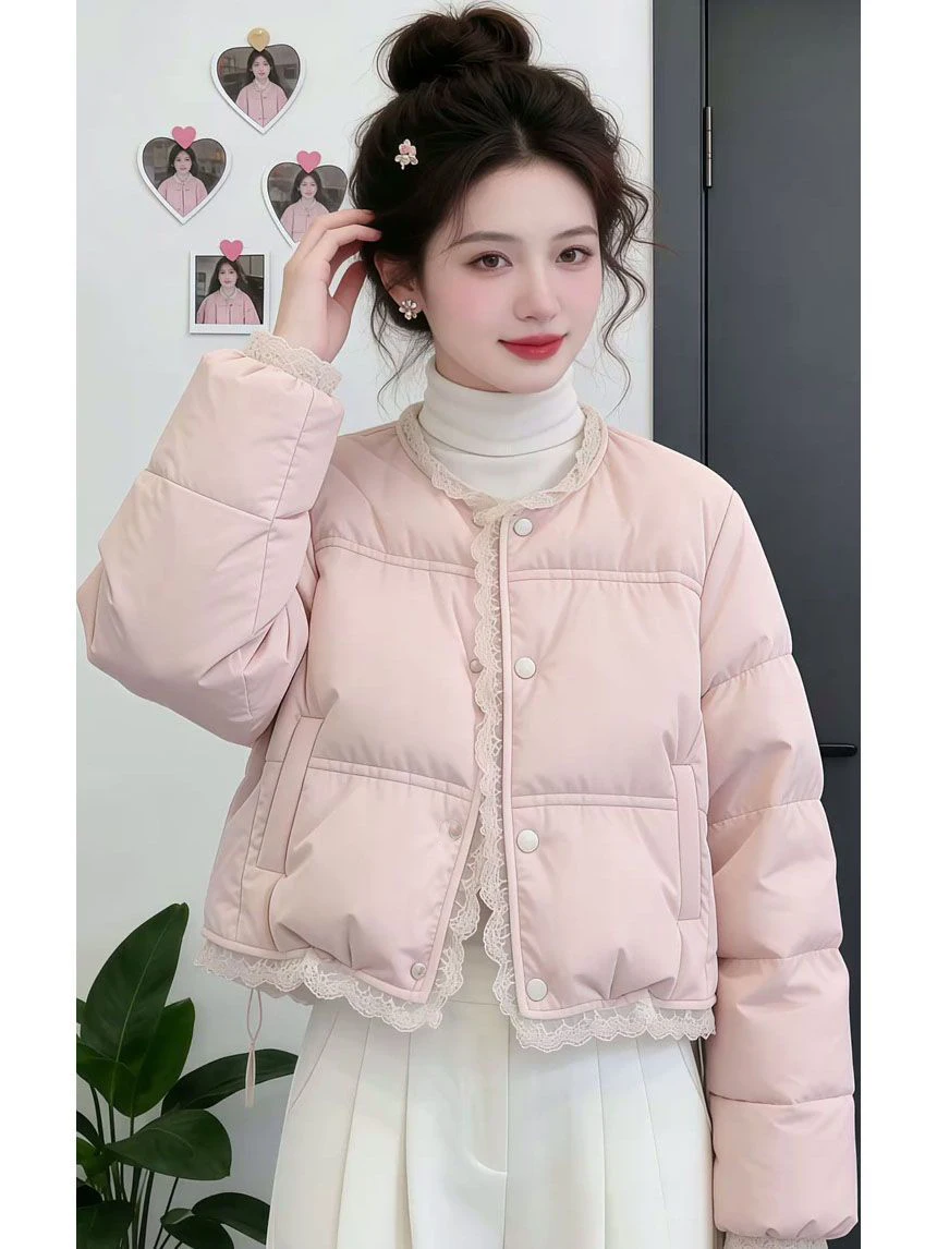 

Korean Sle Women's Thiened down Jaet Pink Lace Trim Splicing Cotton Coat ort Bread Sle Outerwear for Winter