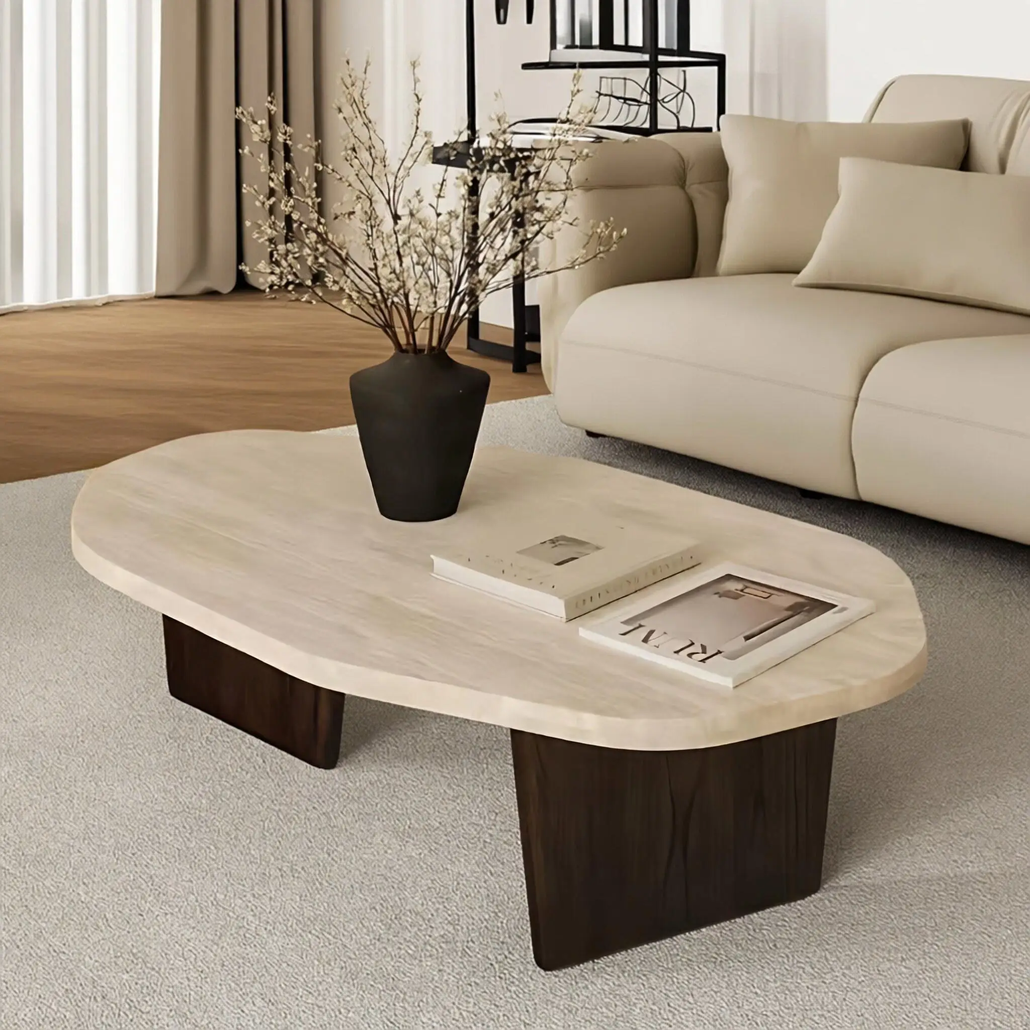 PYJ special-shaped travertine wabi-sabi style minimalist solid wood living room home coffee table
