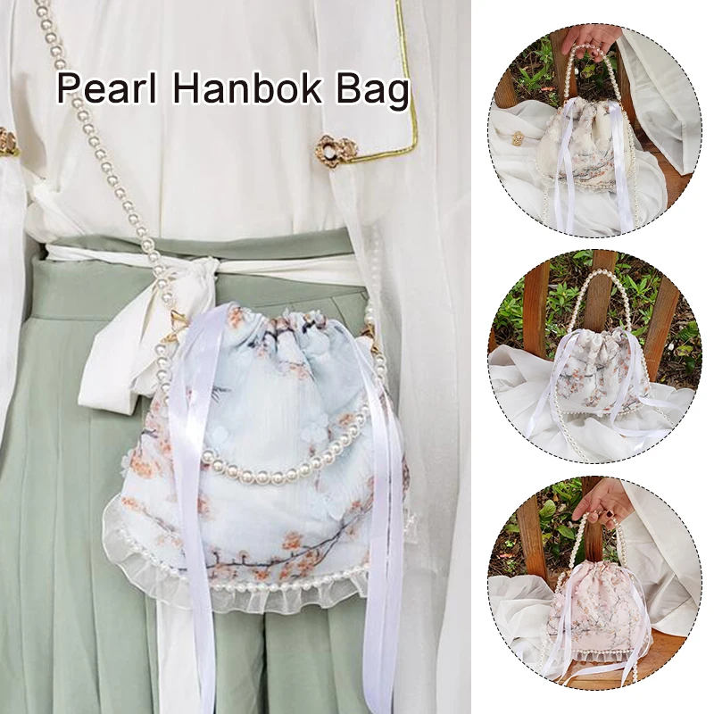 1X Chinese Hanfu Pearl Purse Tote Bag Kimono Embroidery Tassels Wallet Handbag Tassel Small Round Bag Oblique Span Hand Bag