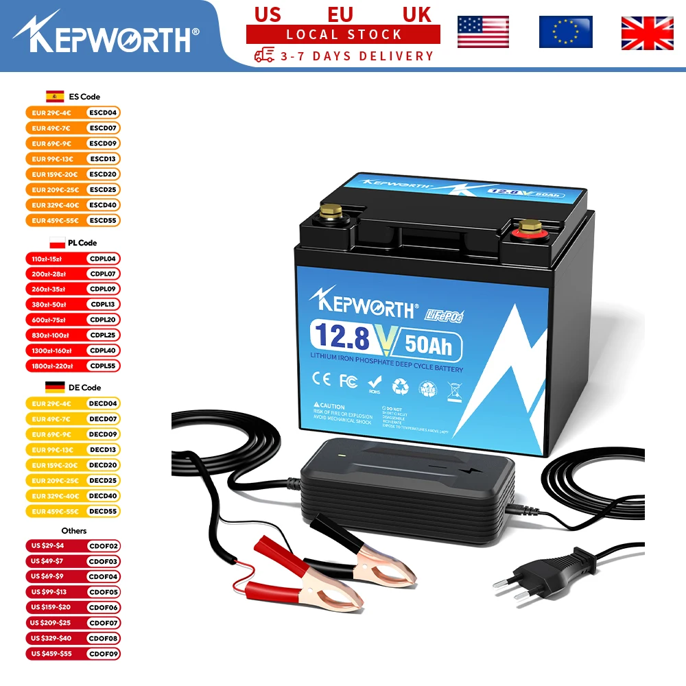 KEPWORTH Batterie LiFePO4 12 V 50 Ah avec BMS 50 A, cellules de qualité A, pour moteur solaire/RV/Marine/Trolling, conception légère et compacte