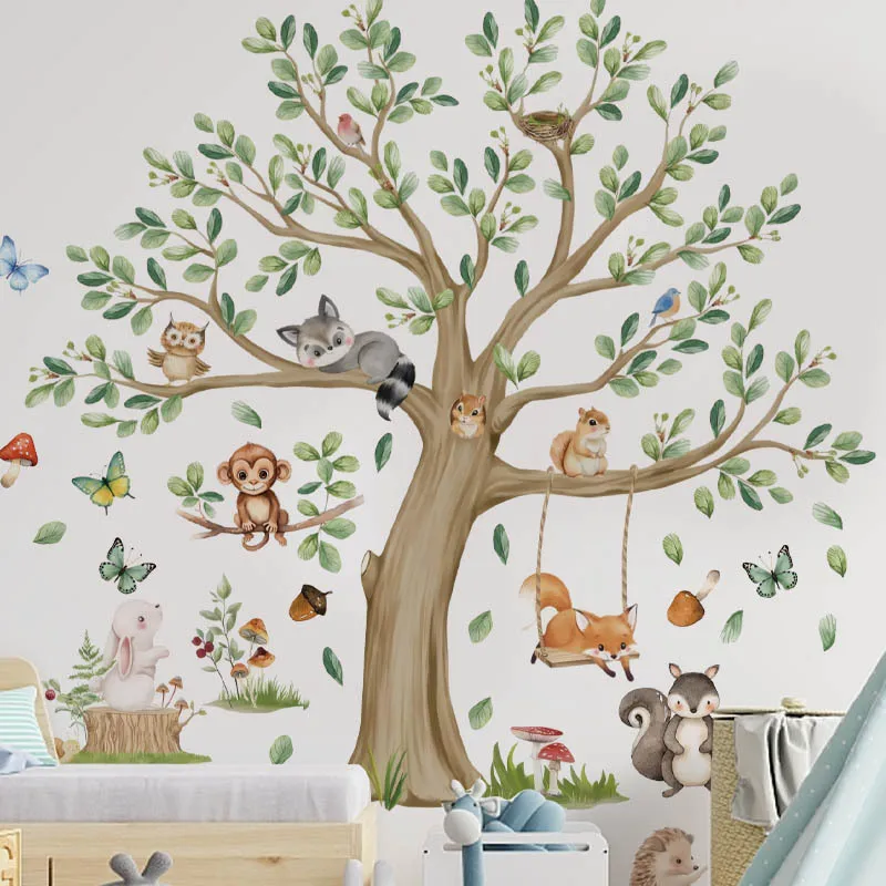

Cartoon Tree Wall Decal with Swinging Animals Peel and Stick Self Adhesive Nursery Kids Room Bedroom Decor