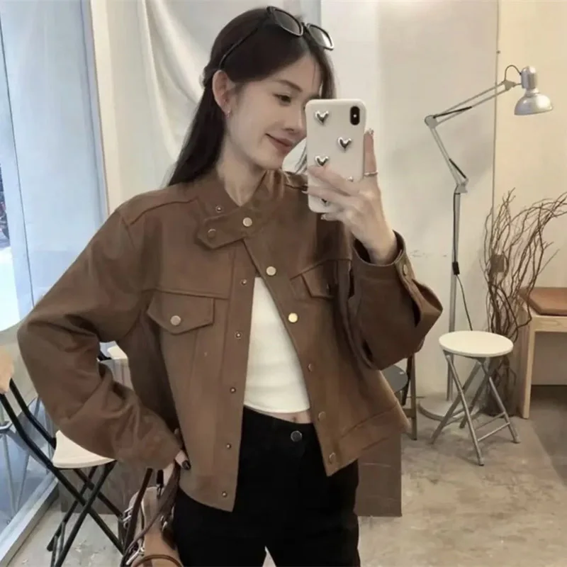 Autumn Winter Female Grind Hair Round Neck Coat Retro Style Women Long Sleeves Jacket Korean Ladies Short Solid Color Outerwear