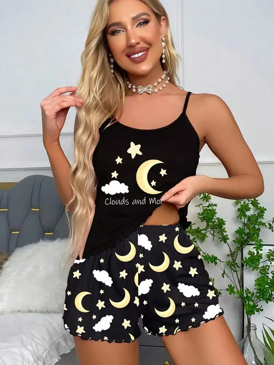 

Women 2 Piece Pajama Set Black Camisole Shorts Moon Cloud Print Backless Lettuce Trim Sleepwear