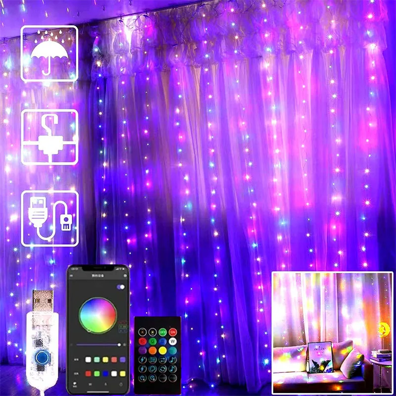 Curtain String Lights Waterproof Curtain Lights with APP Remote Control USB Fairy Lights for Wedding Party Home Christmas Decor