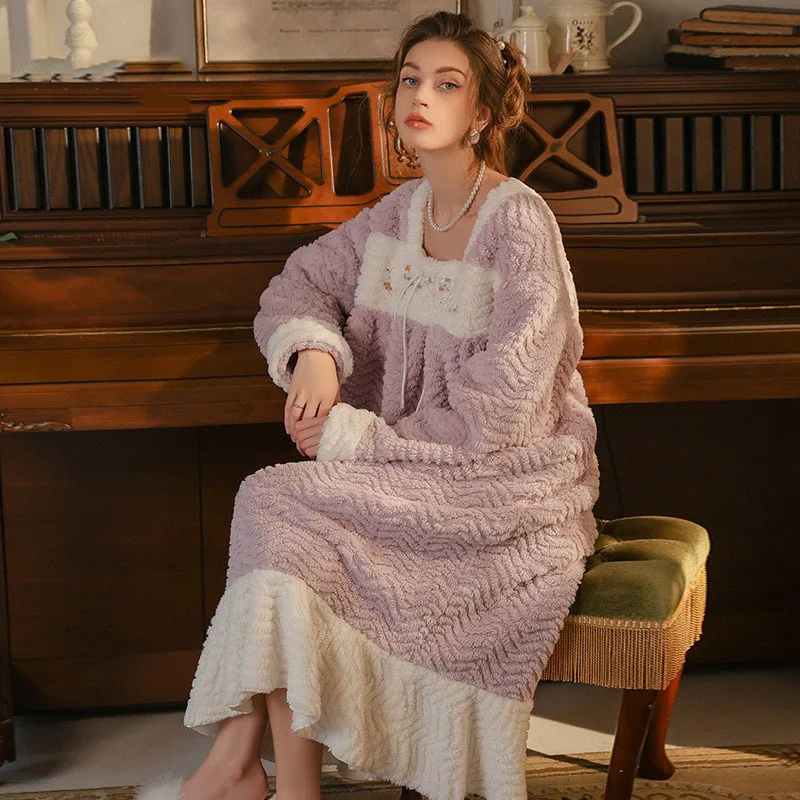 autumn and winter dress purple thick coral fleece Simple style floral women's nightgown mixed colors warm sleepwear FG661