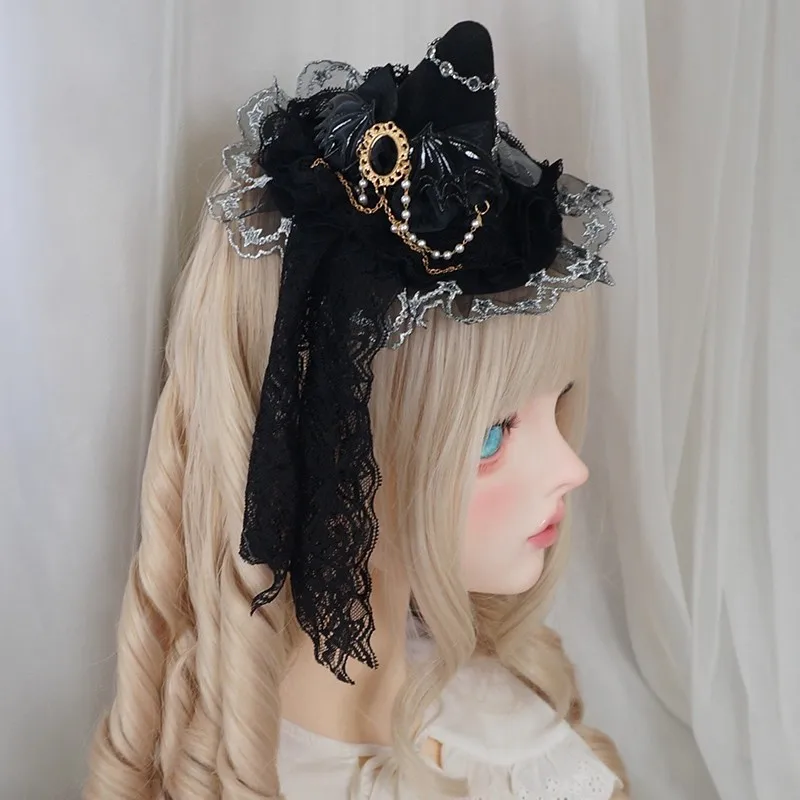 Handmade Gothic Chain Black Hat Subculture Dark Punk Halloween Magic Girl Top Hat Lolita Cosplay Versatile Witch Headdress