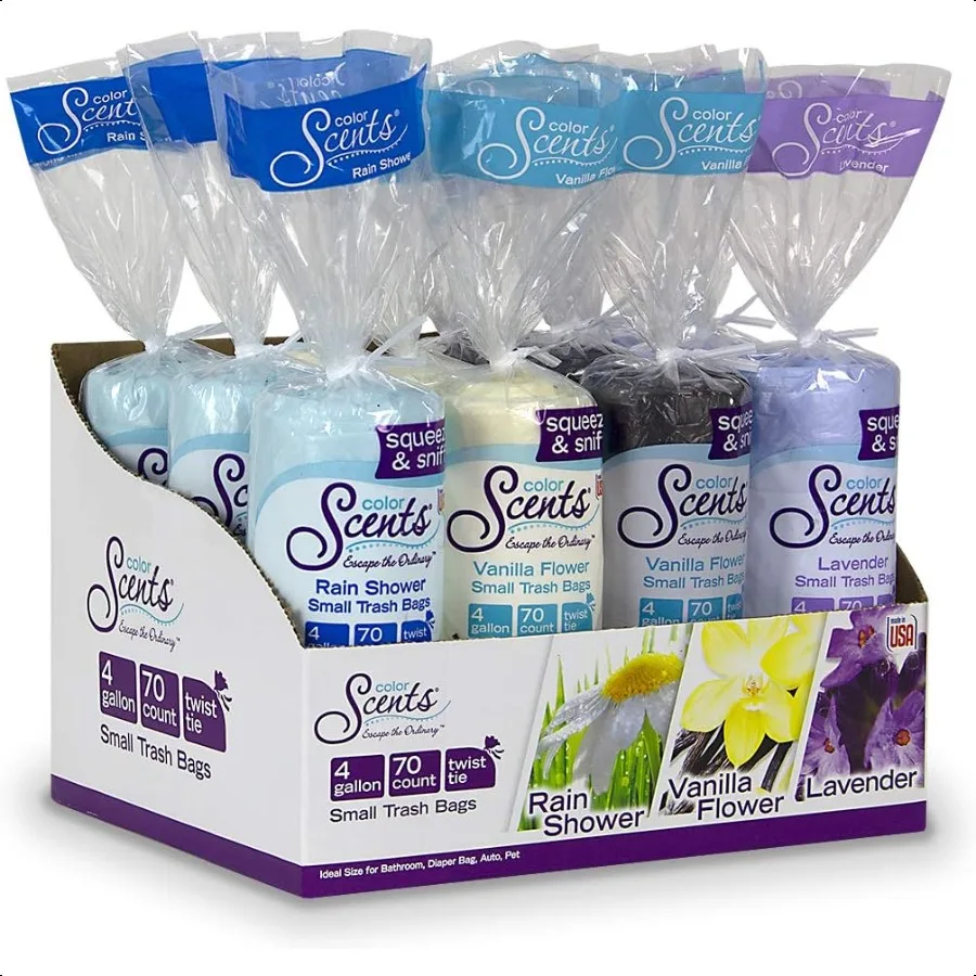 

Small Trash Bags 4 Gallon 840 Total Bags 12 Packs of 70 Count Twist Tie Multicolor Bags in Calming Collection Scent