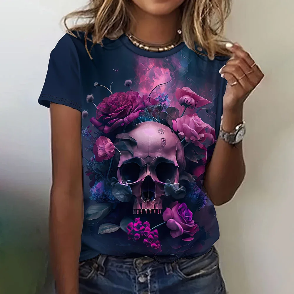 Y2k Gothic Summer Crew Neck Women T Shirt Skull Graphic 3D Printed T Shirt Streetwear Women Short Sleeve Tops T Shirts Apparel