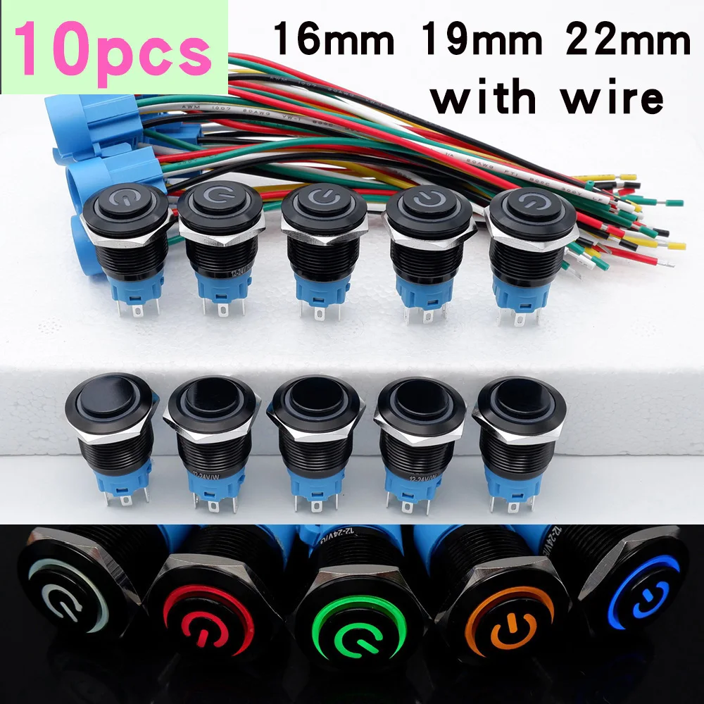 

10pcs 16/19/22mm Metal Push Button Switch Ring Lamp Power Symbol Waterproof Momentary Latching 3V 6V 12V 24V 110V 220V On Off