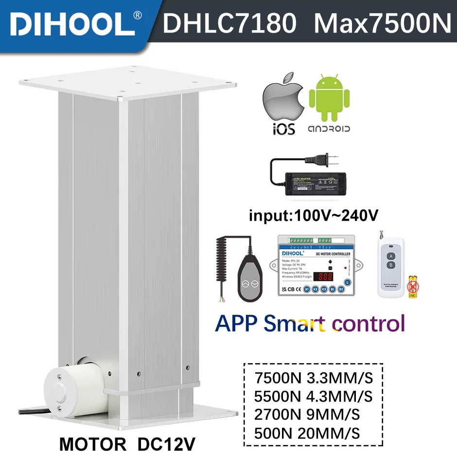 

7500N 500kg Load Lifting Column Electric Table Support Platform DC12V Motor Controller Linear Actuator 100MM To 1000MM Stroke