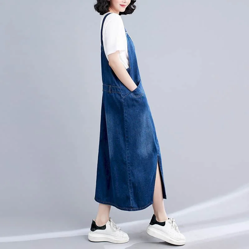 Denim Strap Dress for Women Solid Sleeveless Casual Loose Streetwear Fork Design Korean Style Oversized Vintage Mid-calf Dress