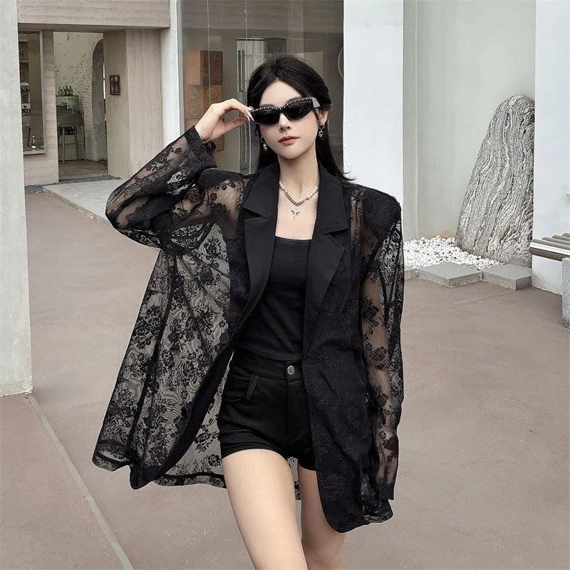 

Woman Clothes Women's Jacket New Summer Trend Lace Stitching Shoulder Pad Suit Jacket with Loose Cardigan Casual Suit Jacket