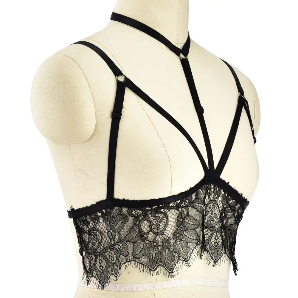 Women Fetish Black Lace Body Harness Bra Wear Cage Bra Open Chest Harness Harajuku Gothic Style Crop Top Bondage Lingerie