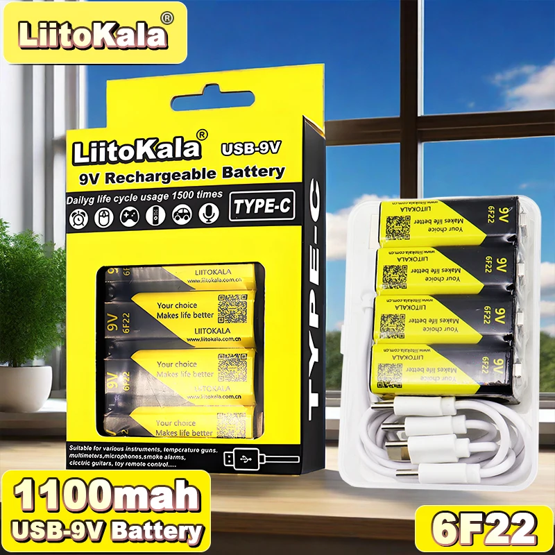 

LittoKala 9V 1100mAh Li-ion Rechargeable Battery Type-C Charging for Microphone/Remote/High-Drain Devices