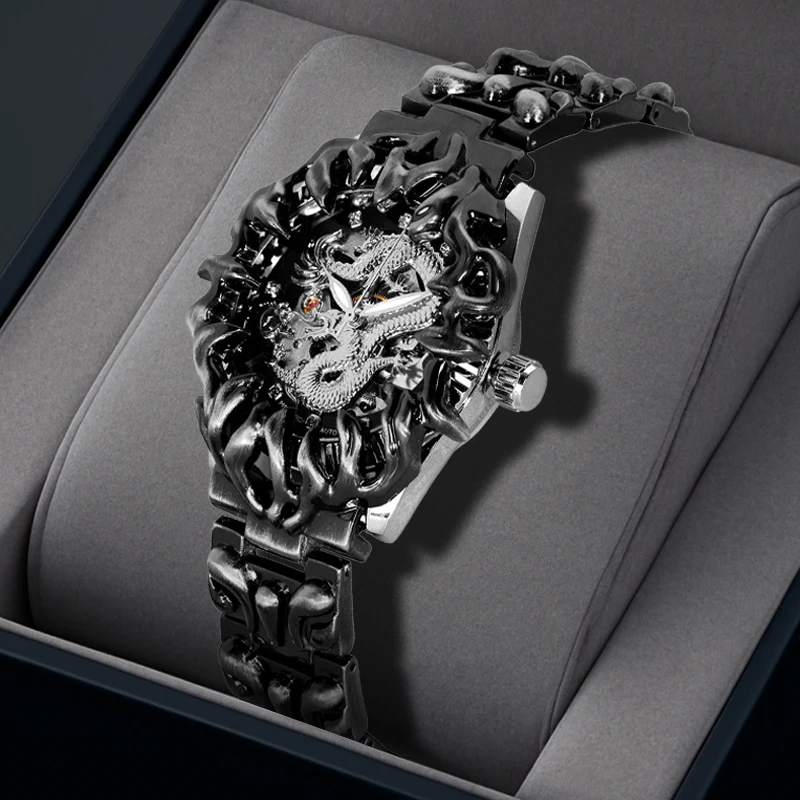 A men's silver black fashionable style niche fully automatic tourbillon dragon head mechanical watch