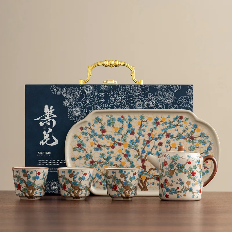 

Ru Kiln Золотая слива Чайник Кунг-фу Чайный сервиз Китайский высококачественный бытовой керамический чайник для заваривания чая Подарочная коробка