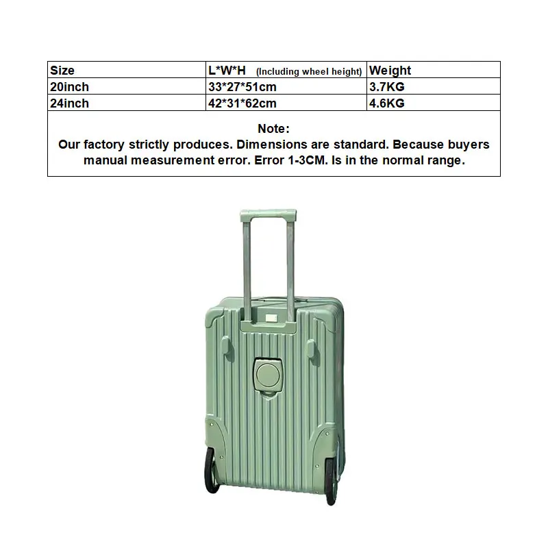 20 Inch Carry On Side Opening Luggage Compartment With Oversized Wheels 24 Inch Boarding Case Large Capacity Travel Suitcase
