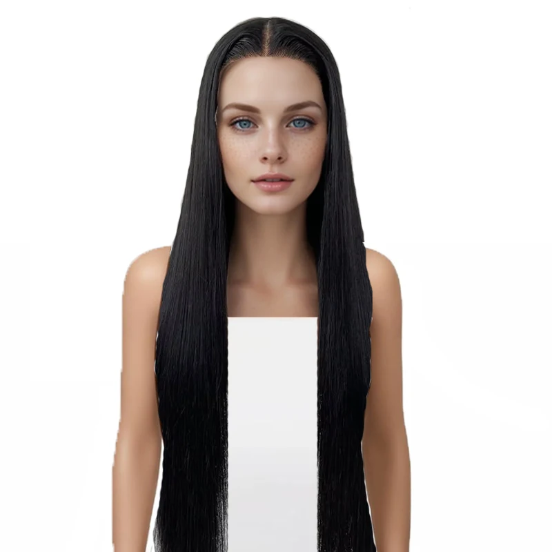 

26-дюймовый черный шелковистый прямой синтетический парик с HD прозрачной кружевной передней частью, 180% плотность, имитация человеческих волос