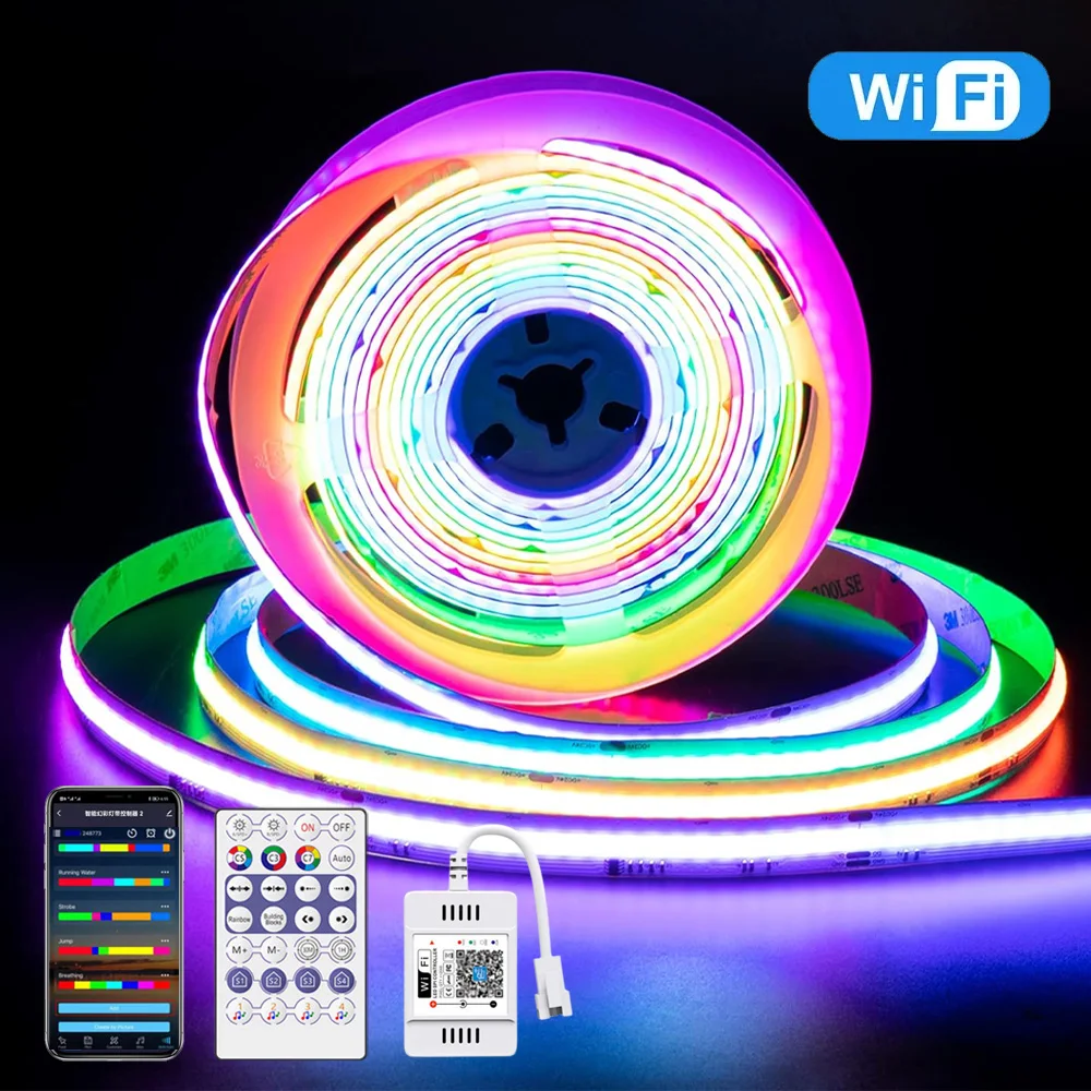 

Светодиодная лента WiFi COB RGBIC 12В 1м 2м 3м 4м 5м с эффектом «бегущей воды» и «мечтательных цветов» для декоративного освещения комнат и вечеринок, совместима с Alexa и Google Home