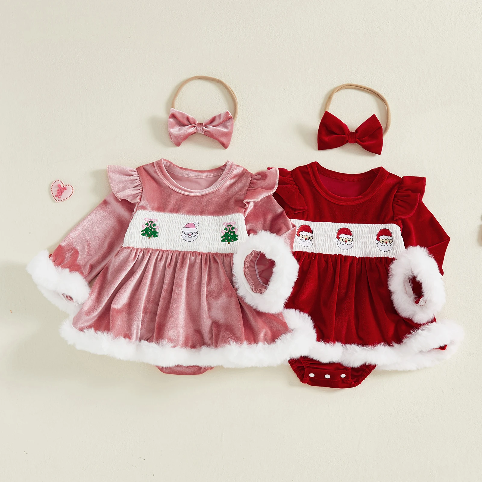 

Tregren 0-18M Infant Baby Girls 2Pcs Christmas Outfits Long Sleeve Velvet Romper Dress with Headband Set Cute Newborn Clothes