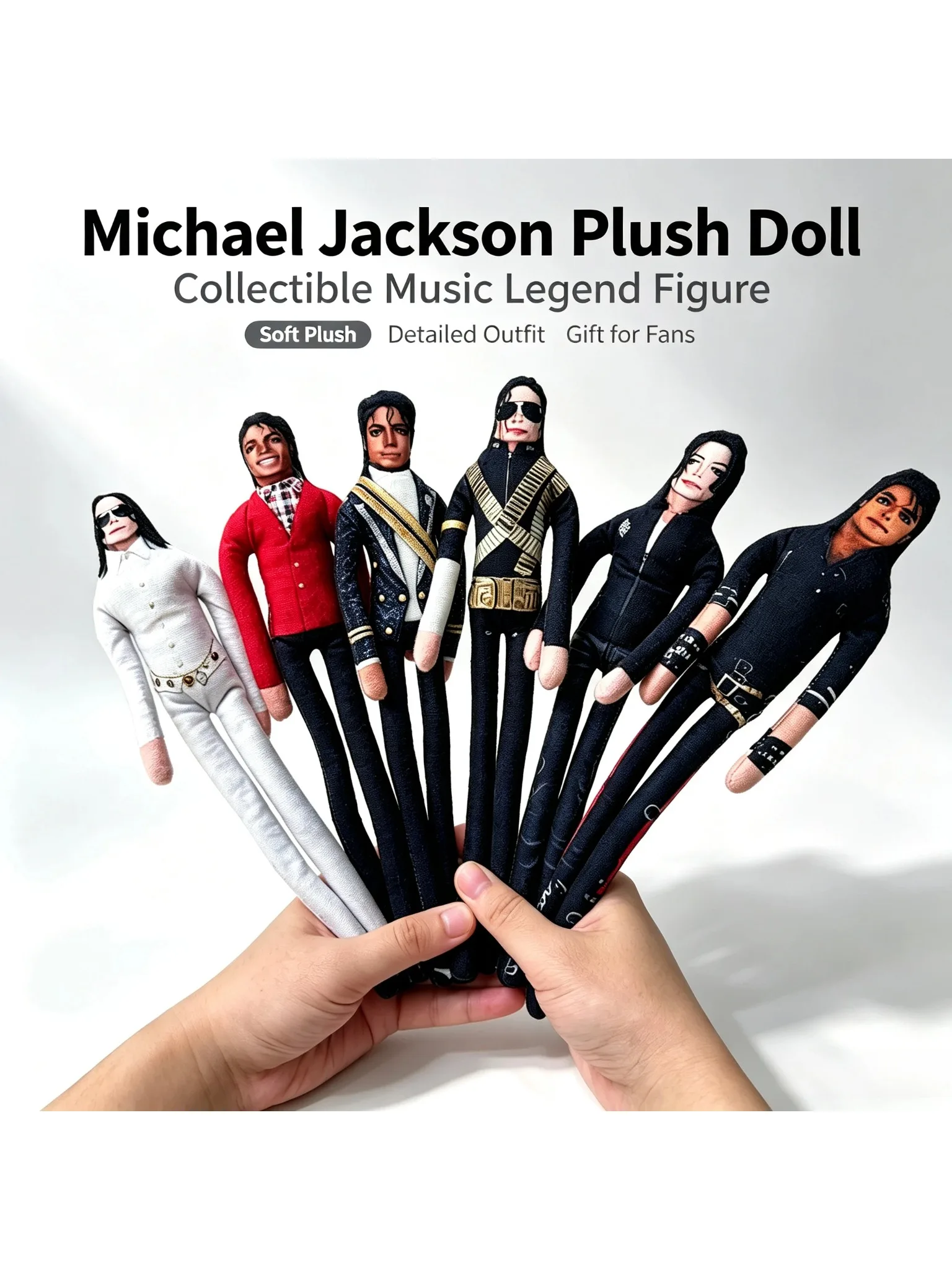 Michael Jackson Plüschpuppe mit 6 Klassischen Bühnenoutfits Sammlerstück MJ Stofftier Merchandise Geschenk für Musikliebhaber Wohndekor Ornament