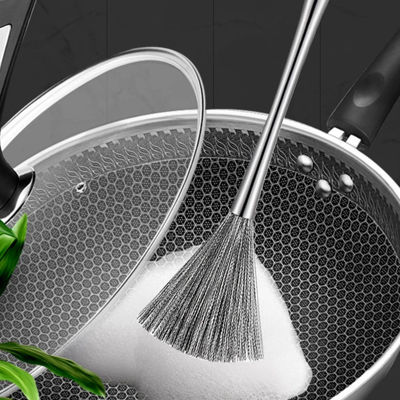 Stainless Steel Pan Brush With A Long Handle Dishwashing Brush Pot Cleaner Strong Decontamination Hangable Kitchen Clean Tools