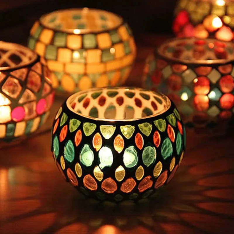 

TOPMAYA Moroccan Mosaic Glass Candle Holder Romantic Candlelight Dinner Candlestick Home Tabletop Decoration