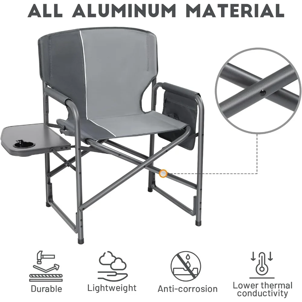 Camping chair: Lightweight, oversized, portable aluminum director's chair with side table, detachable side pockets