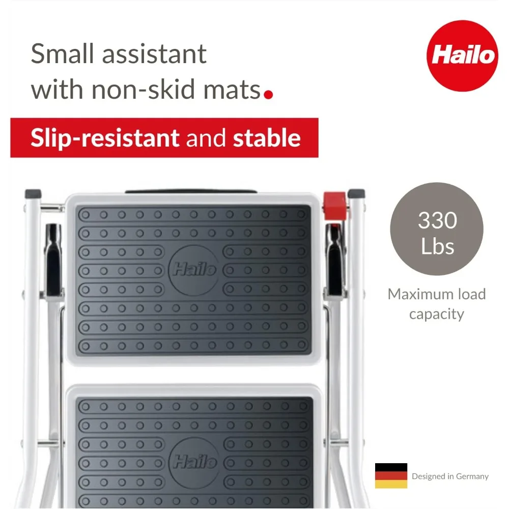 mini banco compacto de aço com degraus antiderrapantes, capacidade de peso de 330 libras, botão de segurança e alça portátil para fácil armazenamento