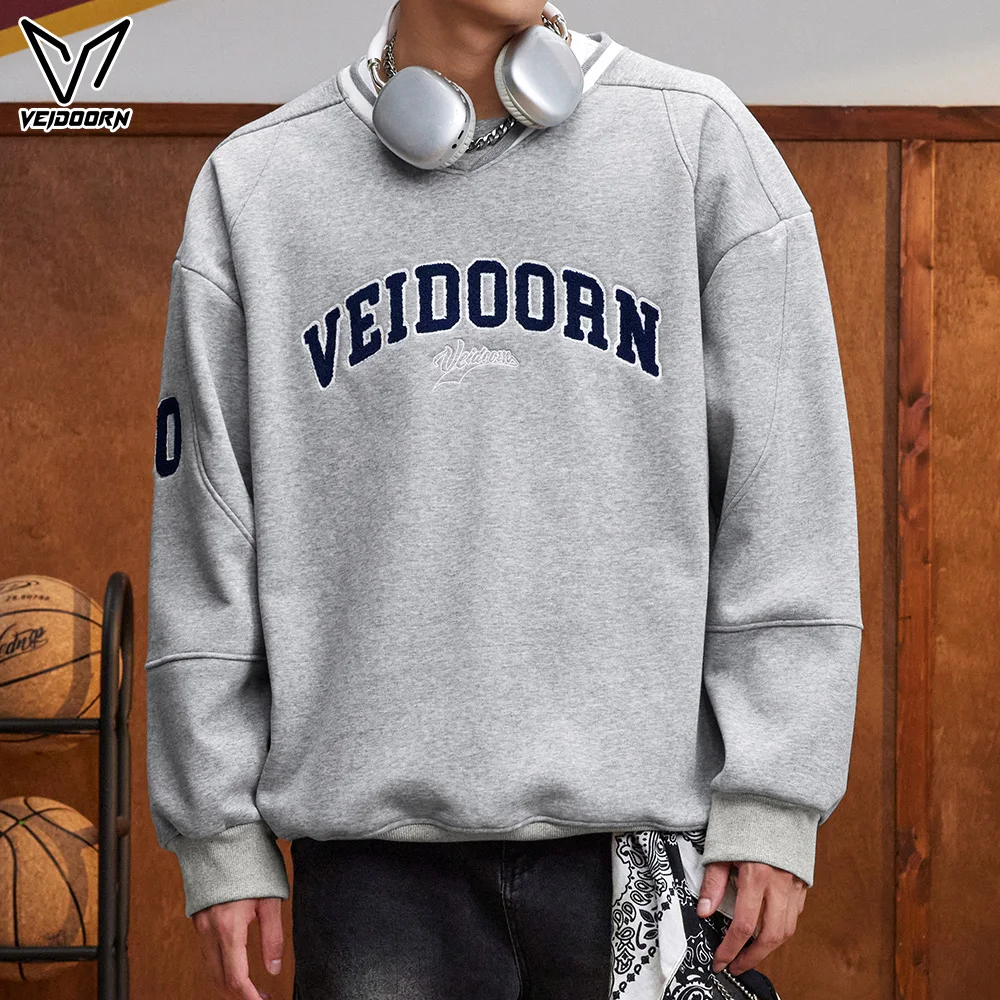 Veidoorn Men V-Neck Pullover Sweatshirt Oversized Loose Fit Casual Streetwear Fall Winter Comfortable Long Sleeve Top